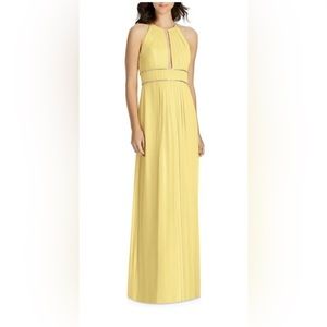 Jenny Packman Lux Chiffon Halter Yellow Lemon Drop Maxi Dress w/Beaded Trim Sz0